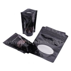 shiny black pouches with oval window