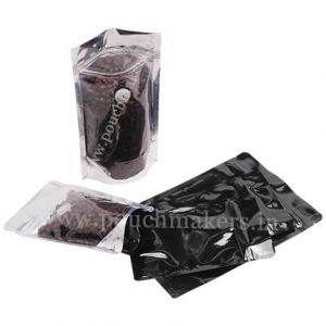 Shiny Black / Clear Stand Up Pouch with Zipper & Valve