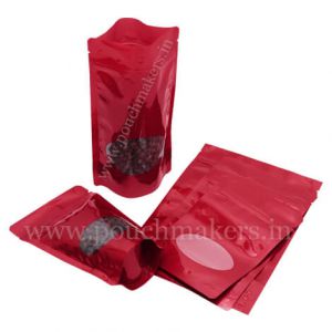 shiny red pouches with oval window