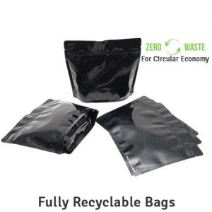 Shiny Black Recyclable Stand Up Pouches Wider Width Size