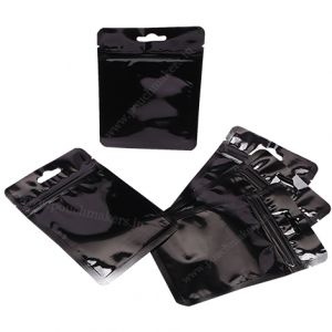 Shiny Black Three Side Seal Pouches With Zipper & Euro Slot