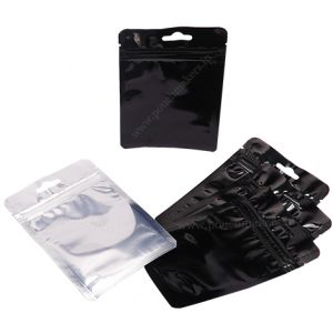 Clear / Shiny Black Three Side Seal Pouches With Zipper & Euro